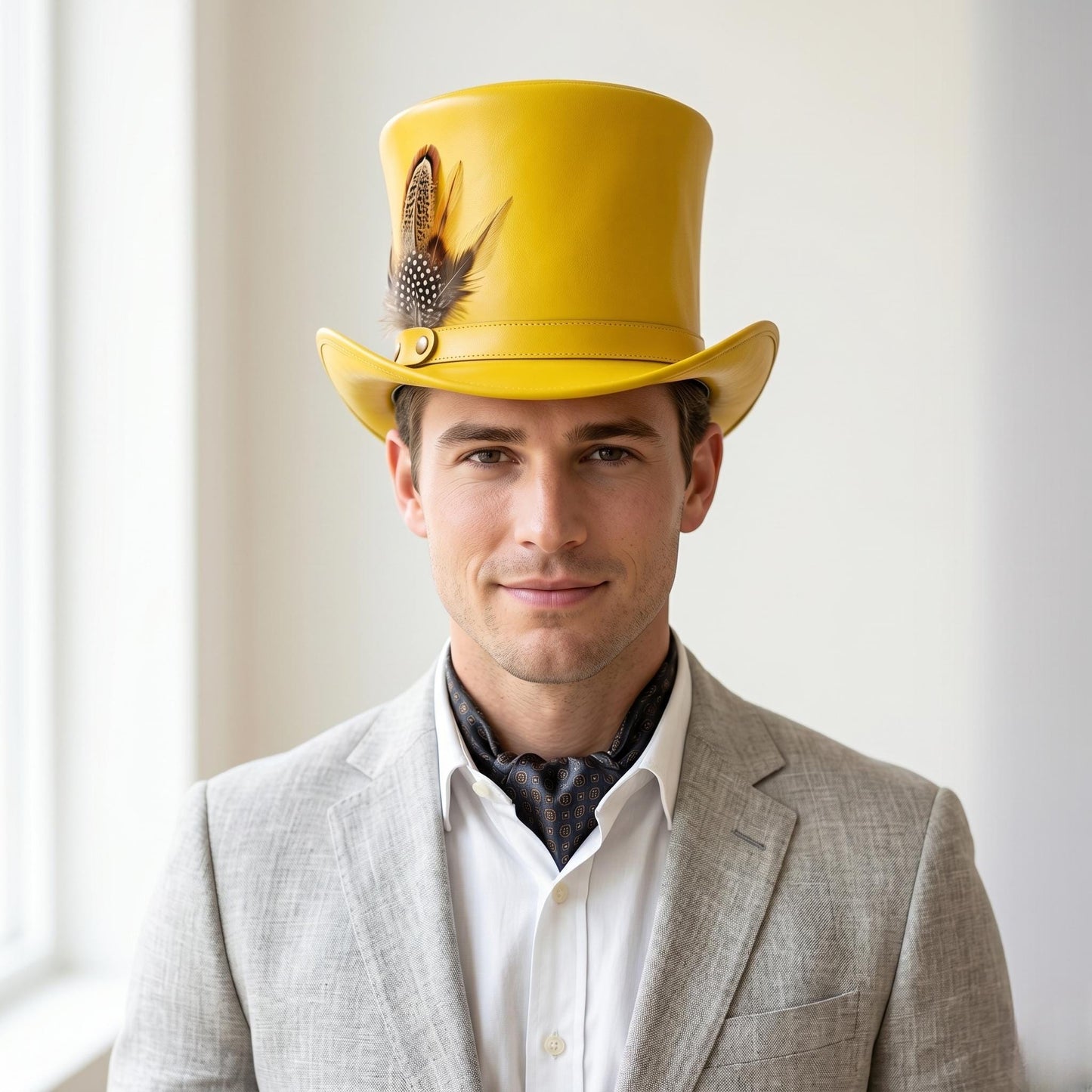 Yellow Leather Top Hat with Feather – Victorian Steampunk Costume Hat