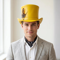 Yellow Leather Top Hat with Feather – Victorian Steampunk Costume Hat