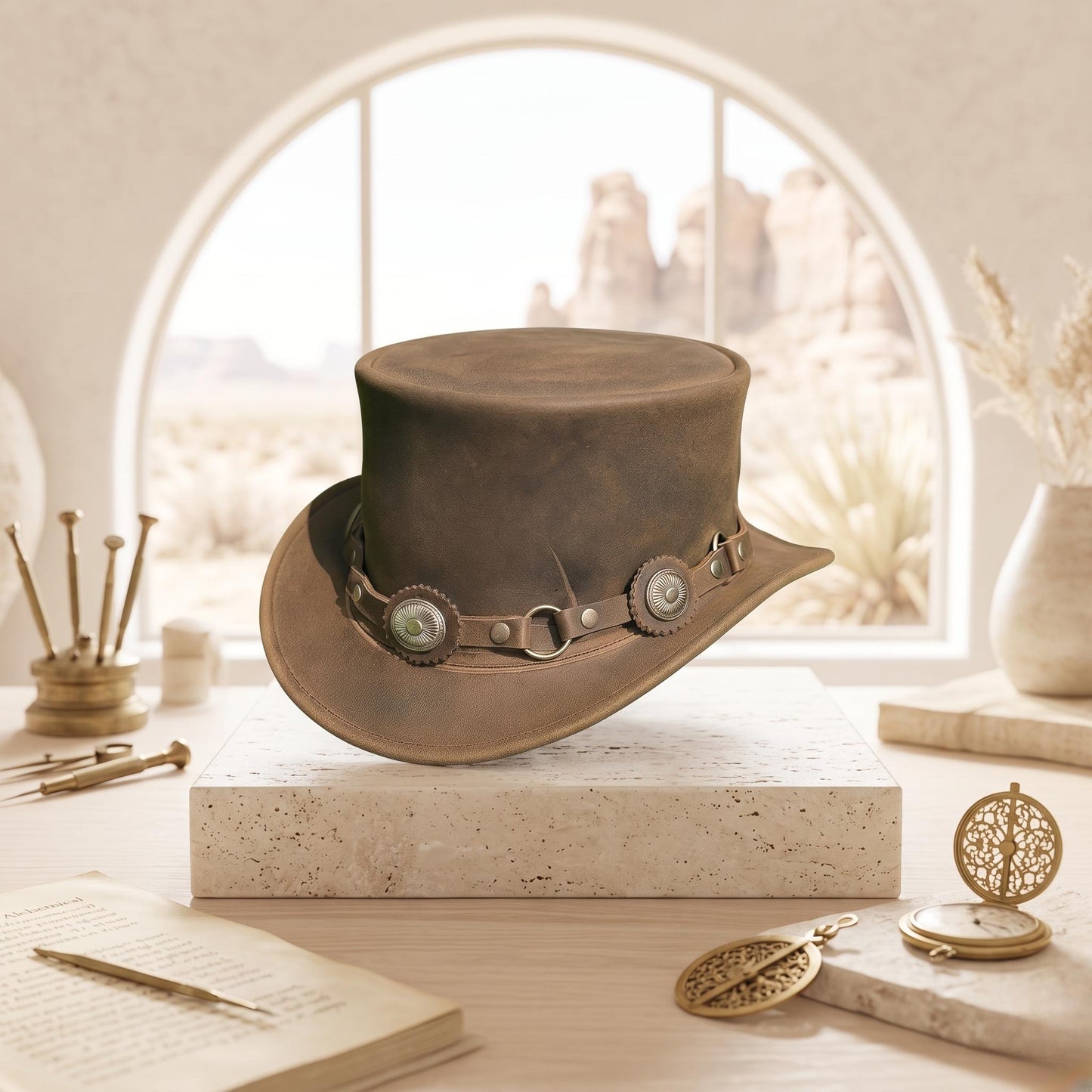 Steampunk Leather Top Hat – Distressed Brown Western Cosplay & Gothic Hat