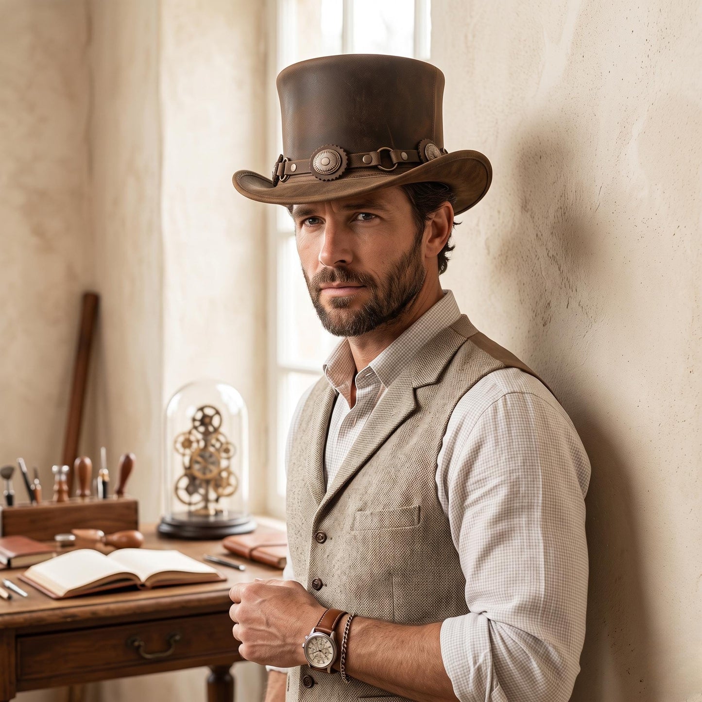 Steampunk Leather Top Hat – Distressed Brown Western Cosplay & Gothic Hat