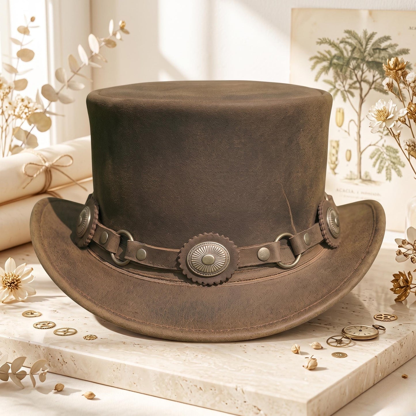 Steampunk Leather Top Hat – Distressed Brown Western Cosplay & Gothic Hat
