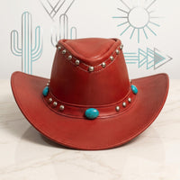 Red Leather Cowboy Hat with Turquoise Accents & Studs