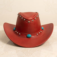 Red Leather Cowboy Hat with Turquoise Accents & Studs