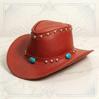 Red Leather Cowboy Hat with Turquoise Accents & Studs