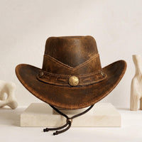 Distressed Brown Leather Cowboy Hat – Authentic Handmade Western Outback Style