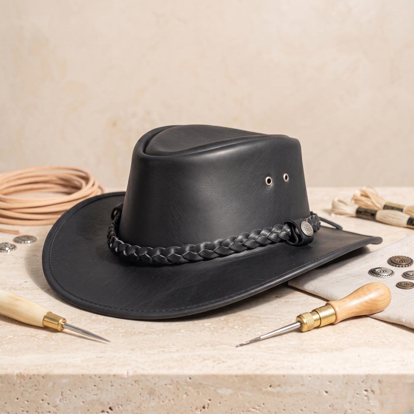 Handmade Black Leather Cowboy Hat – Braided Band Western Rodeo Style