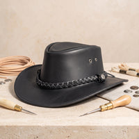 Handmade Black Leather Cowboy Hat – Braided Band Western Rodeo Style