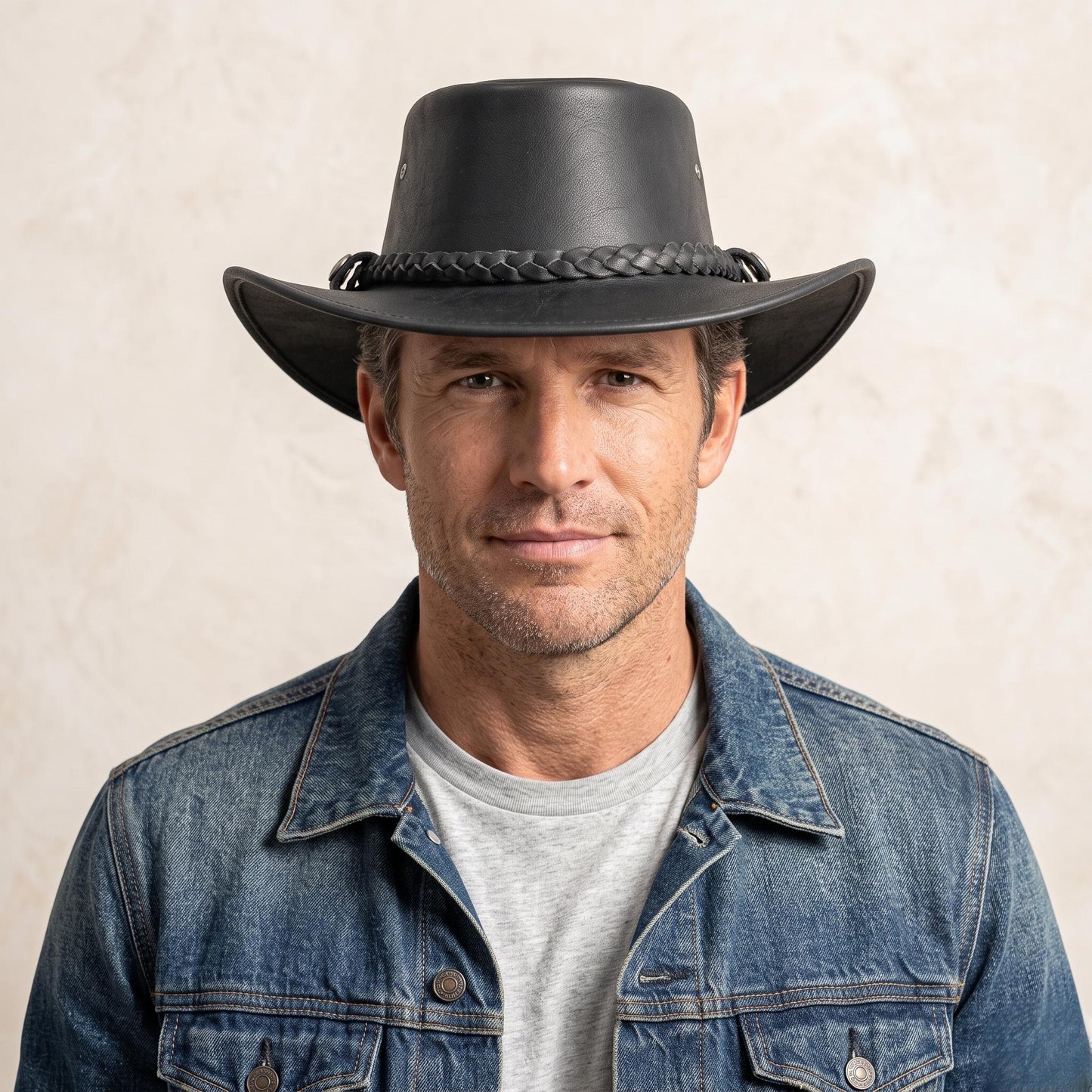 Handmade Black Leather Cowboy Hat – Braided Band Western Rodeo Style
