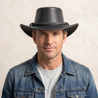 Handmade Black Leather Cowboy Hat – Braided Band Western Rodeo Style
