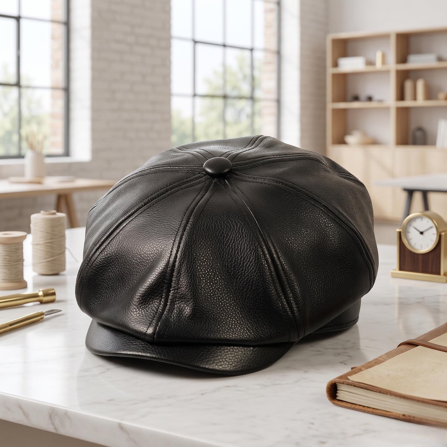 Black Leather Newsboy Cap – Vintage 8-Panel Gatsby Hat