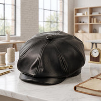 Black Leather Newsboy Cap – Vintage 8-Panel Gatsby Hat