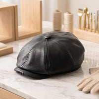 Black Leather Newsboy Cap – Vintage 8-Panel Gatsby Hat