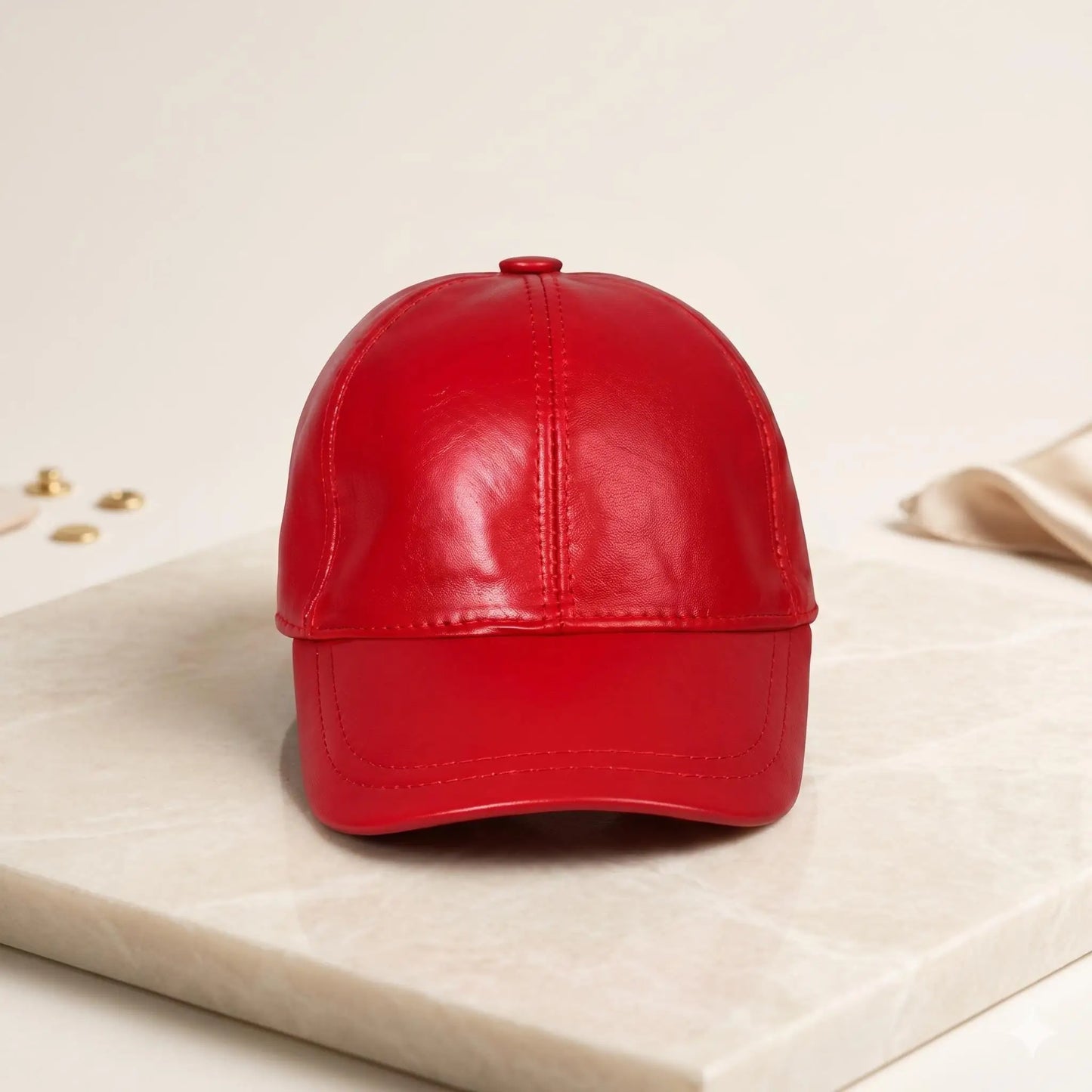 Red Leather Baseball Cap – Sleek Minimalist Dad Hat