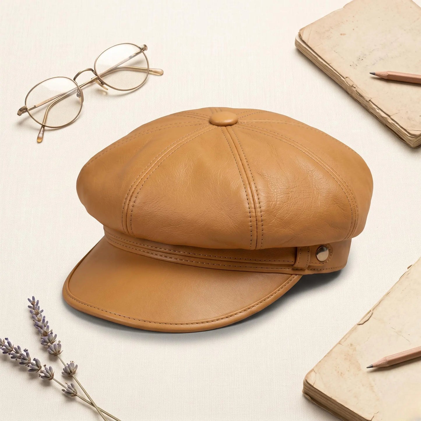 Tan Leather Newsboy Cap – Vintage Baker Boy Style