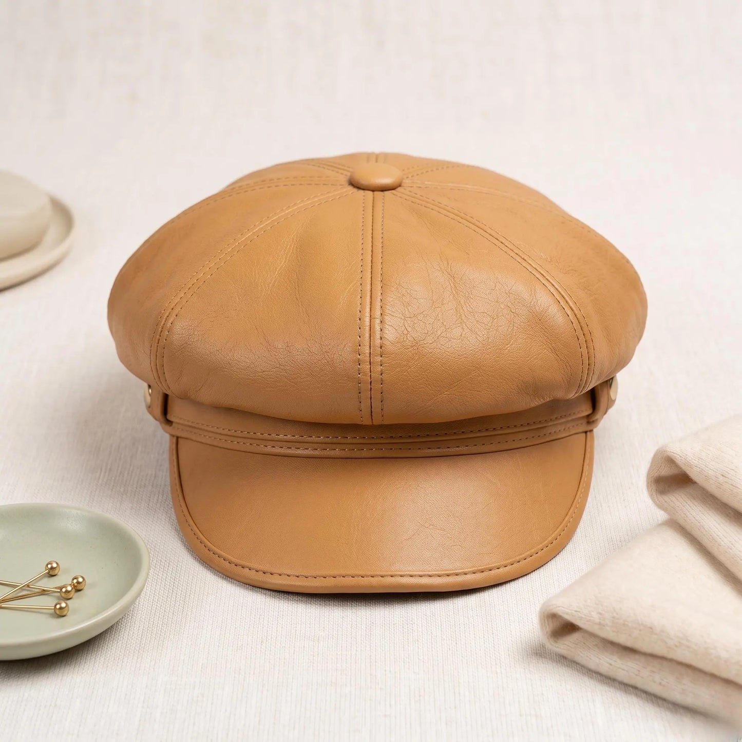 Tan Leather Newsboy Cap – Vintage Baker Boy Style