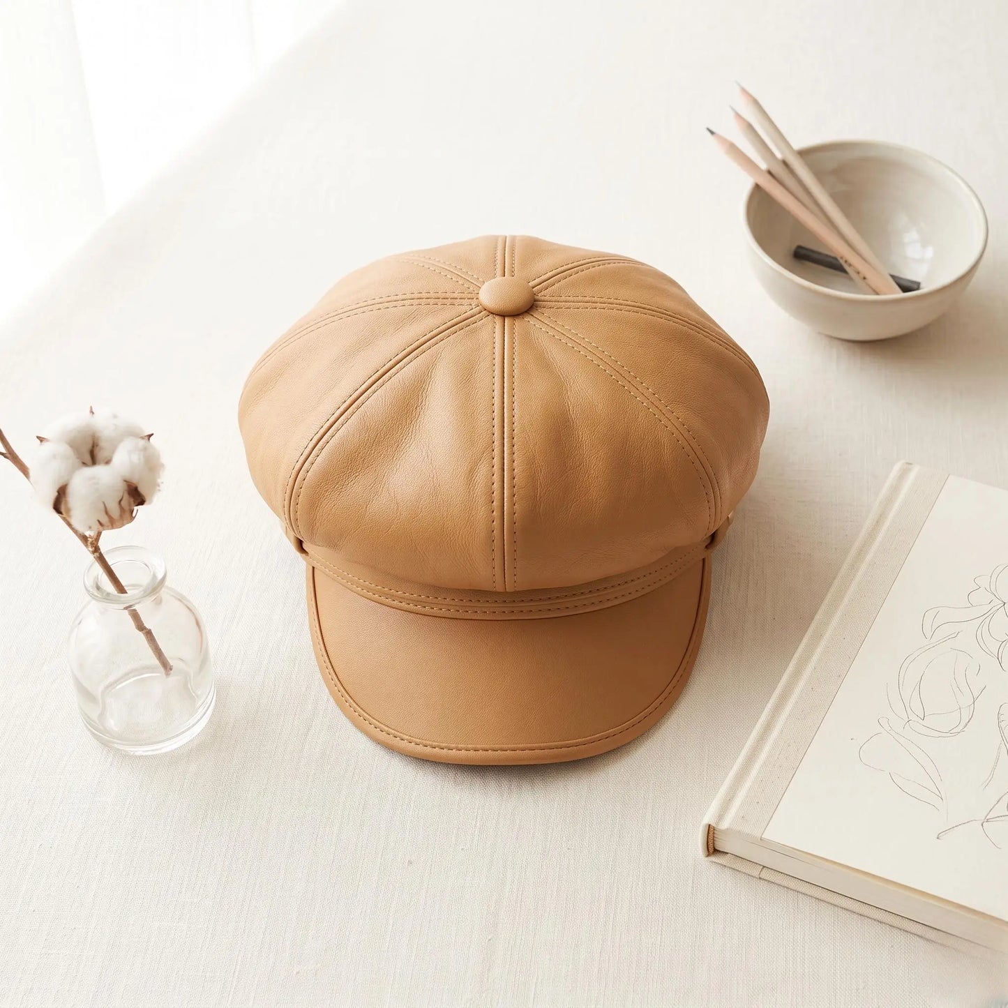 Tan Leather Newsboy Cap – Vintage Baker Boy Style
