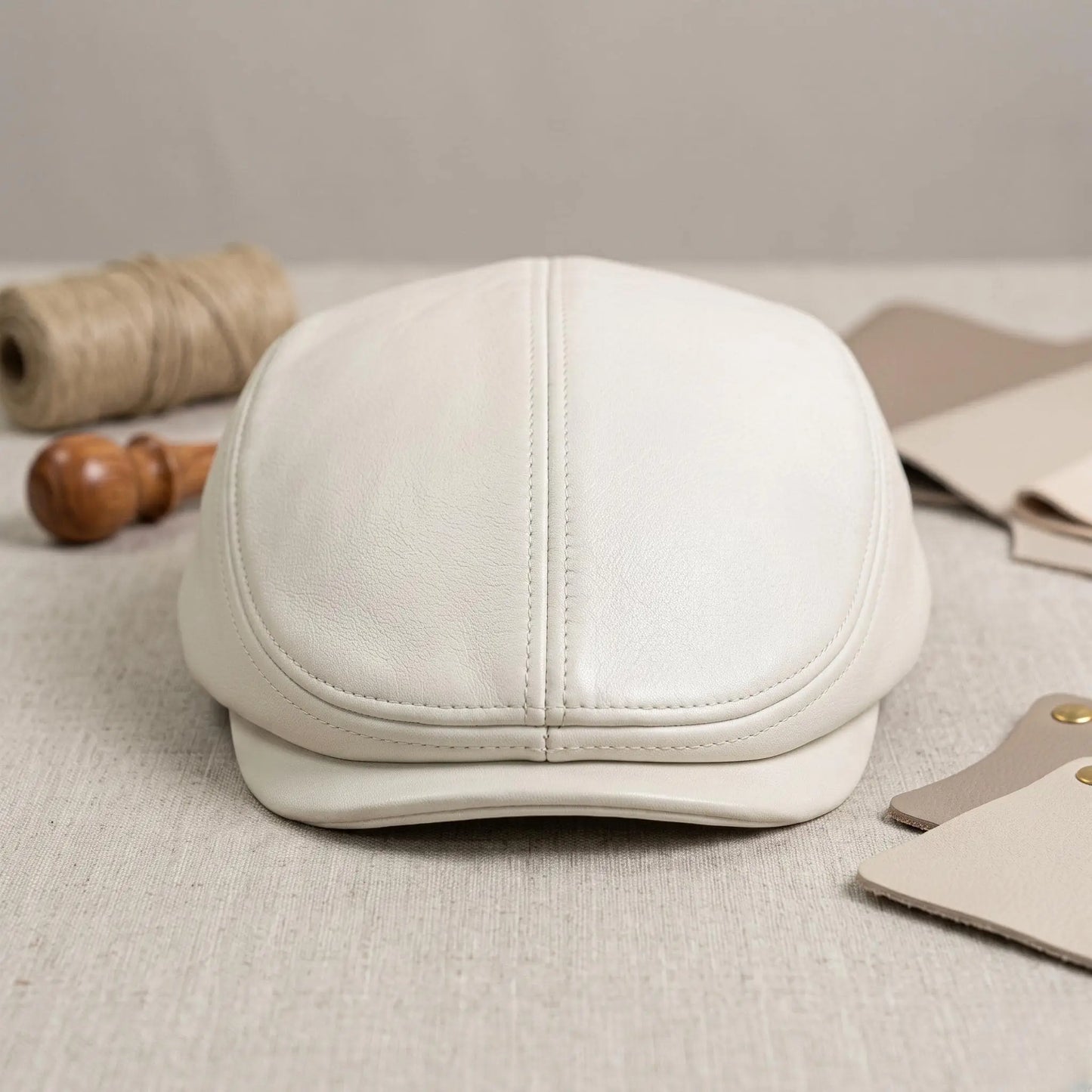 White Leather Flat Cap | Vintage Ivy League Driving Hat