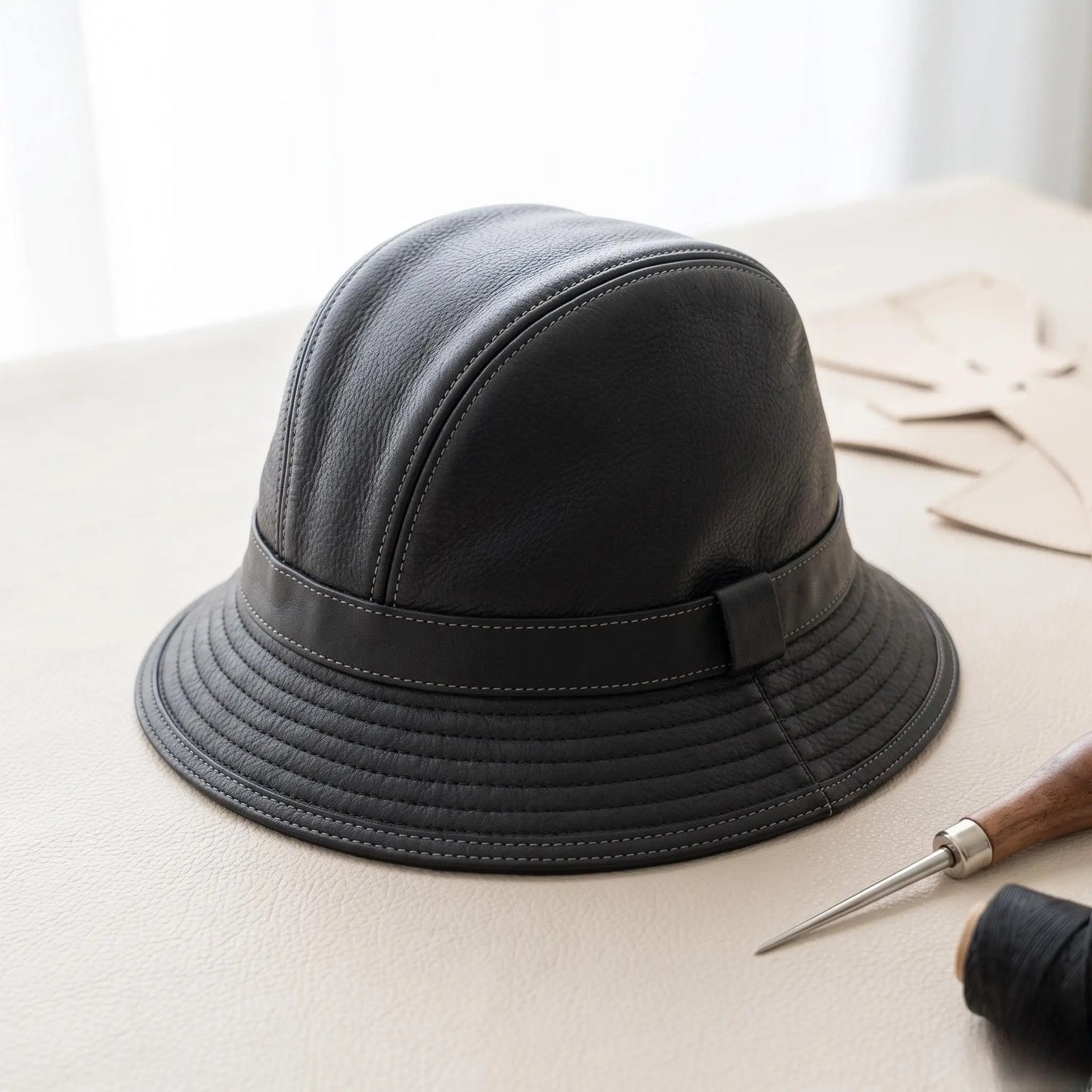 Black Leather Bucket Hat – Genuine Leather Streetwear Cap