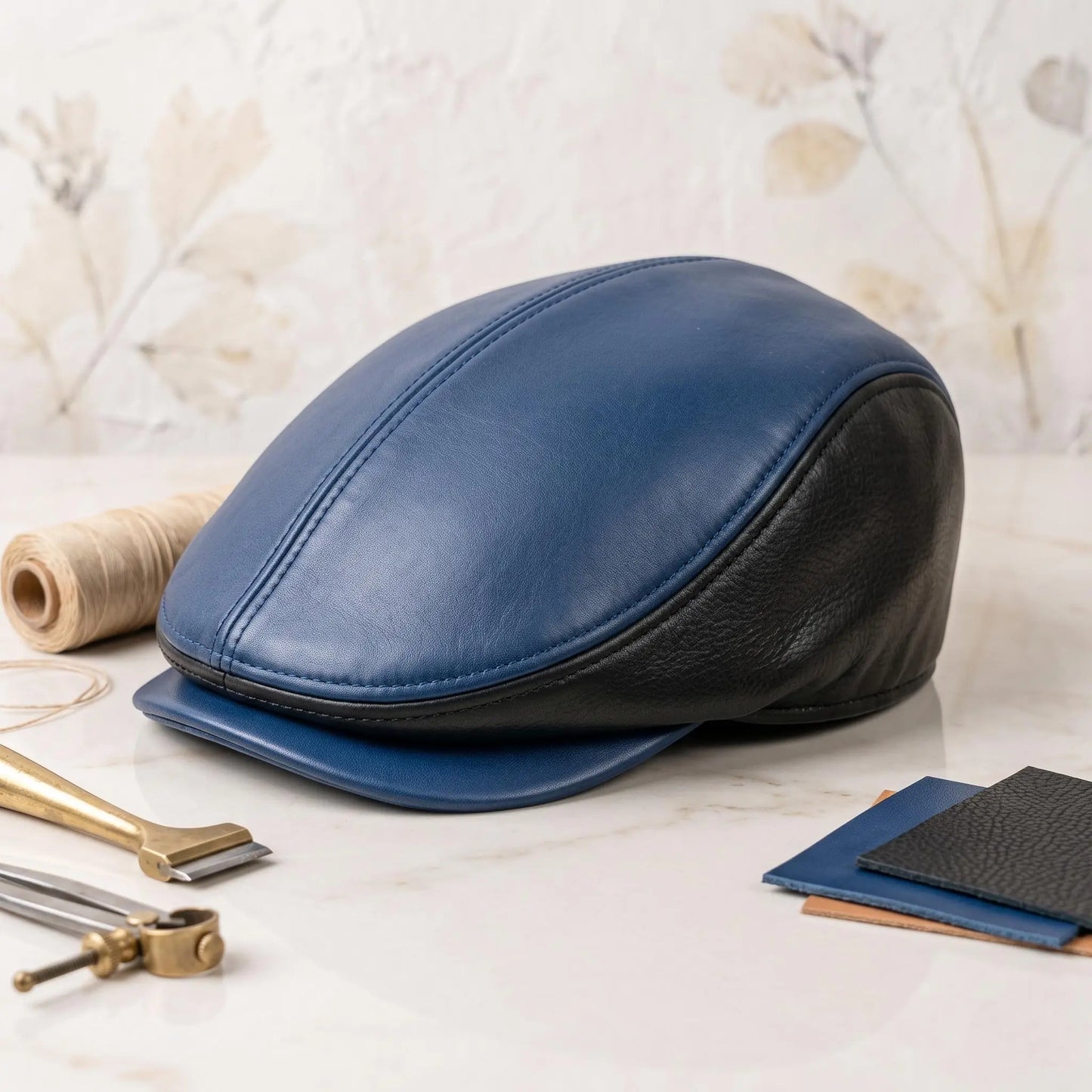 Men’s Two-Tone Blue & Black Genuine Leather Flat Cap – Classic Ivy Newsboy Hat