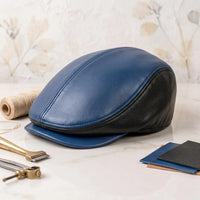 Men’s Two-Tone Blue & Black Genuine Leather Flat Cap – Classic Ivy Newsboy Hat