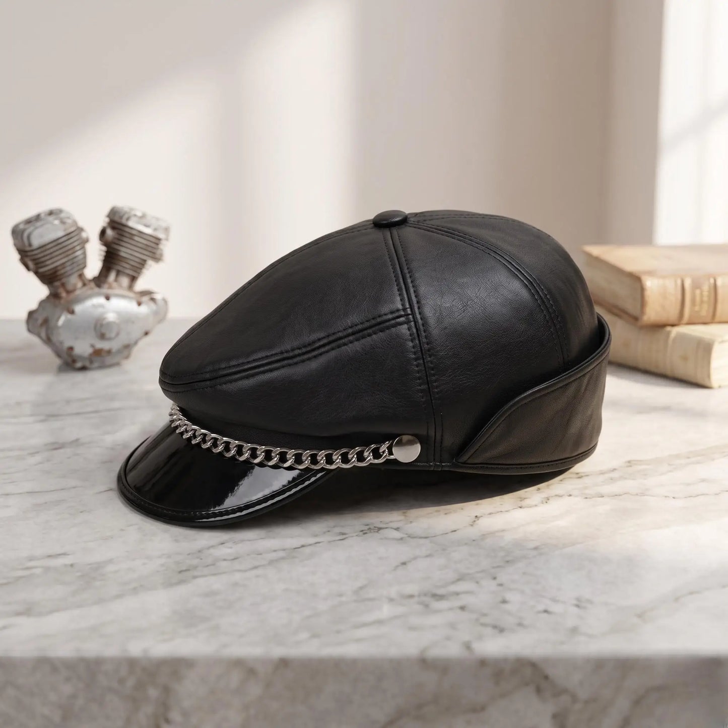 Black Leather Newsboy Cap – Edgy Biker & Streetwear Style