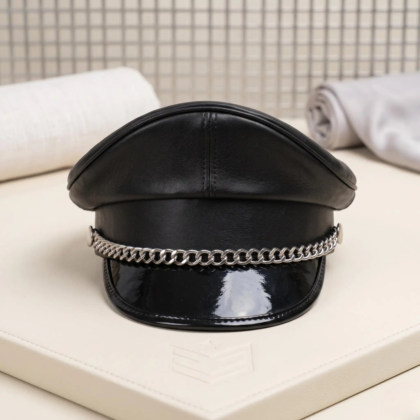 Black Leather Biker Cap with Silver Chain | Gothic & Military Officer Hat