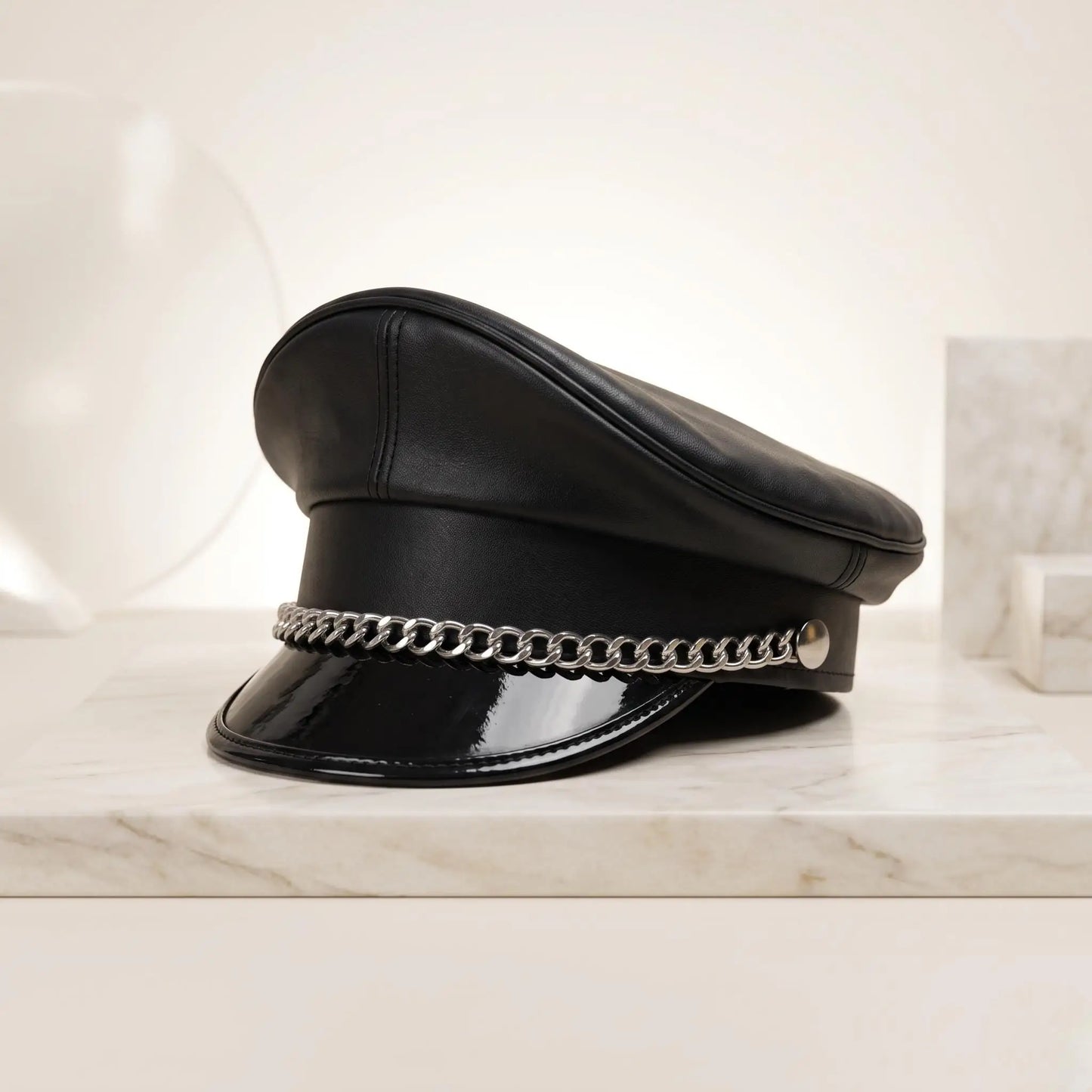 Black Leather Biker Cap with Silver Chain | Gothic & Military Officer Hat