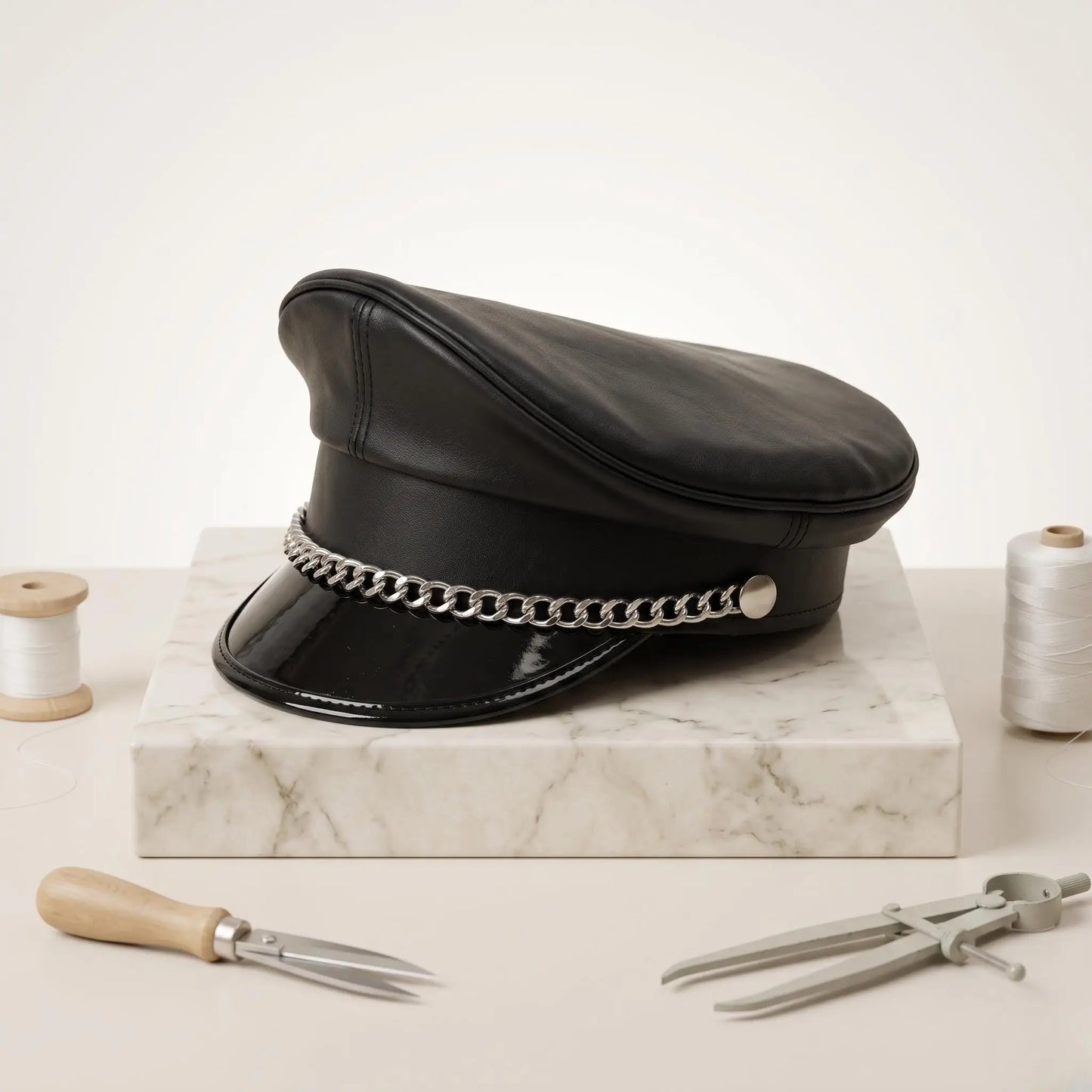 Black Leather Biker Cap with Silver Chain | Gothic & Military Officer Hat