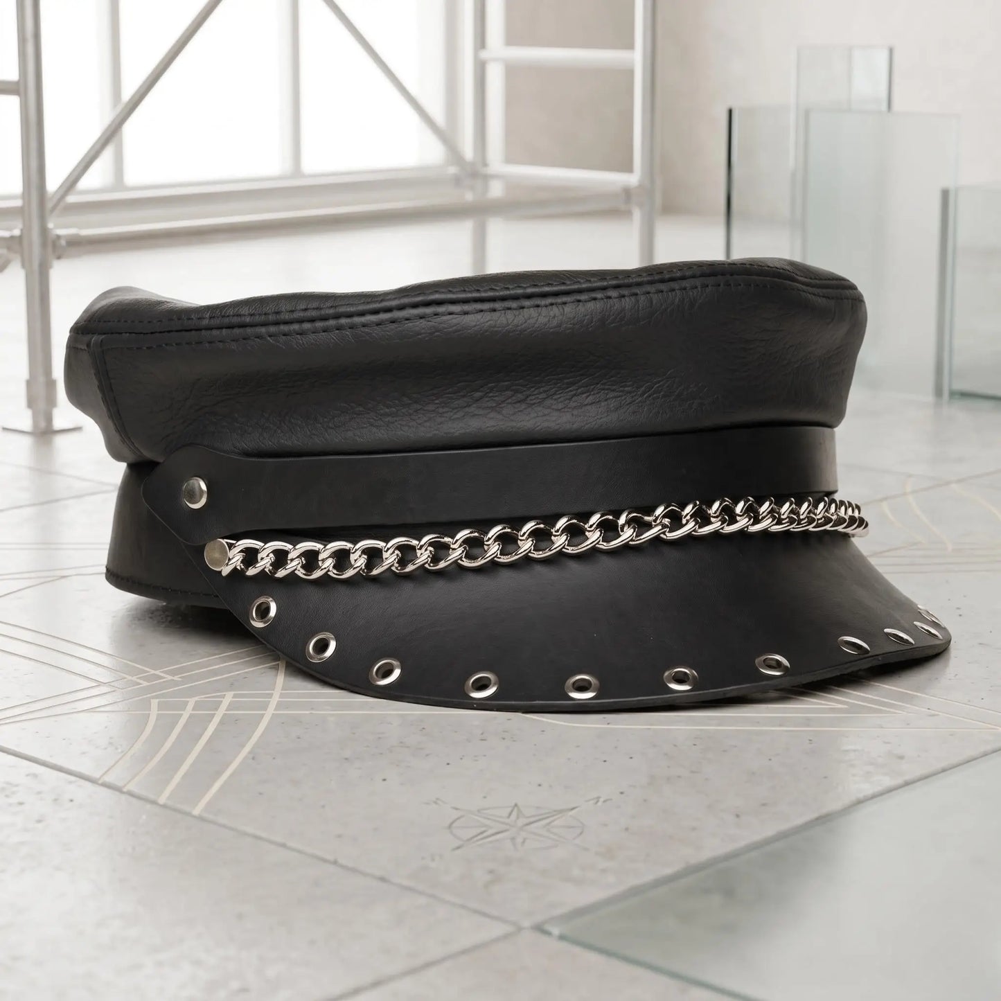 Black Leather Biker Chain Cap – Punk & Gothic Alternative Streetwear