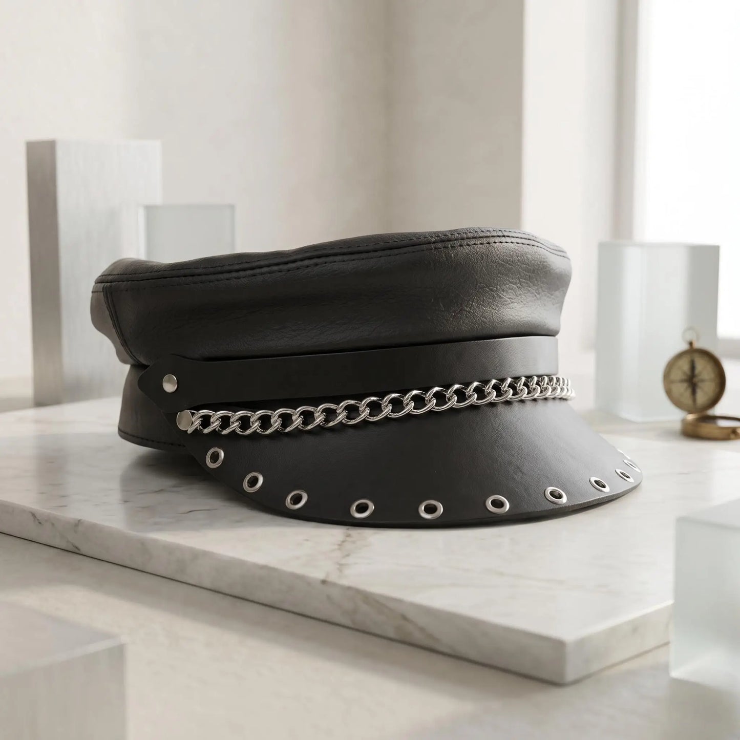 Black Leather Biker Chain Cap – Punk & Gothic Alternative Streetwear