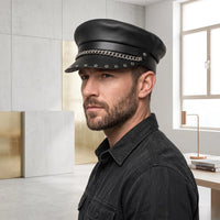 Black Leather Biker Chain Cap – Punk & Gothic Alternative Streetwear