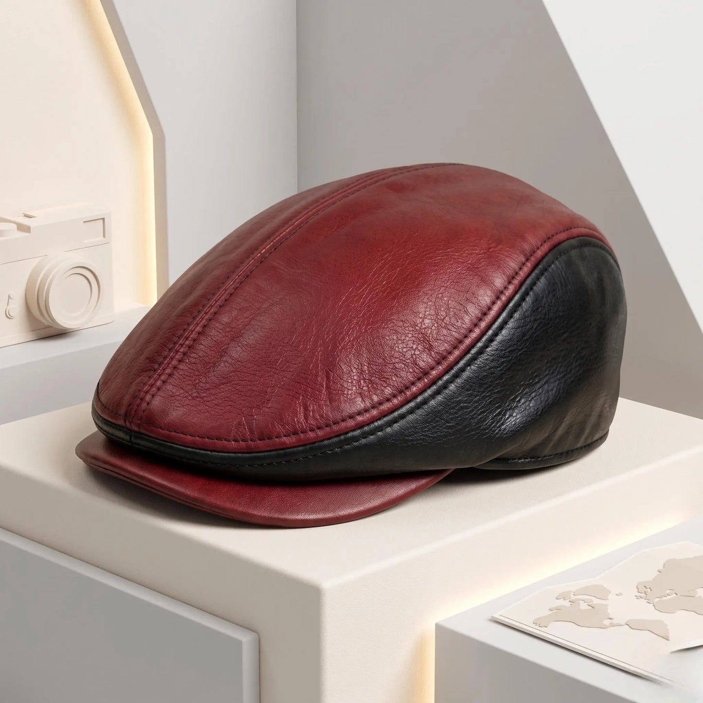 Men's Crimson & Onyx Leather Flat Cap | Vintage Ivy Driving Hat