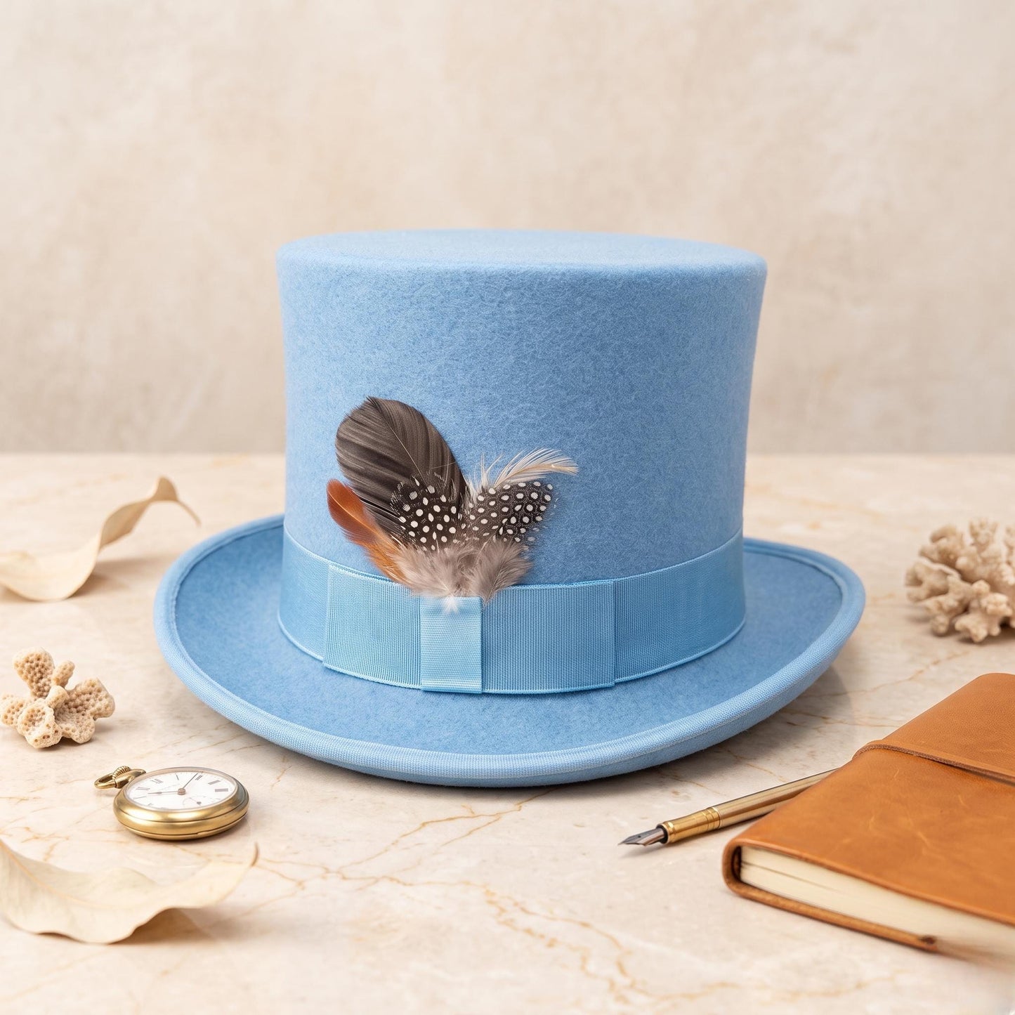 Sky Blue Wool Felt Top Hat with Feather Accent – Elegant Formal & Steampunk Headwear