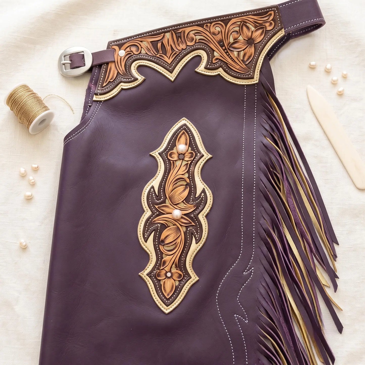 Hand-Tooled Purple Leather Rodeo Chaps – Western Show, Bull Riding Fringe Performance