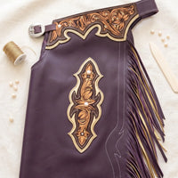 Hand-Tooled Purple Leather Rodeo Chaps – Western Show, Bull Riding Fringe Performance
