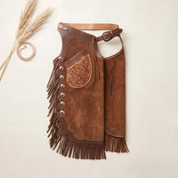 Brown Suede Western Chaps with Floral Tooled Leather Yoke – Professional Rodeo & Riding Gear
