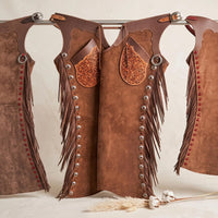Brown Suede Western Chaps with Floral Tooled Leather Yoke – Professional Rodeo & Riding Gear