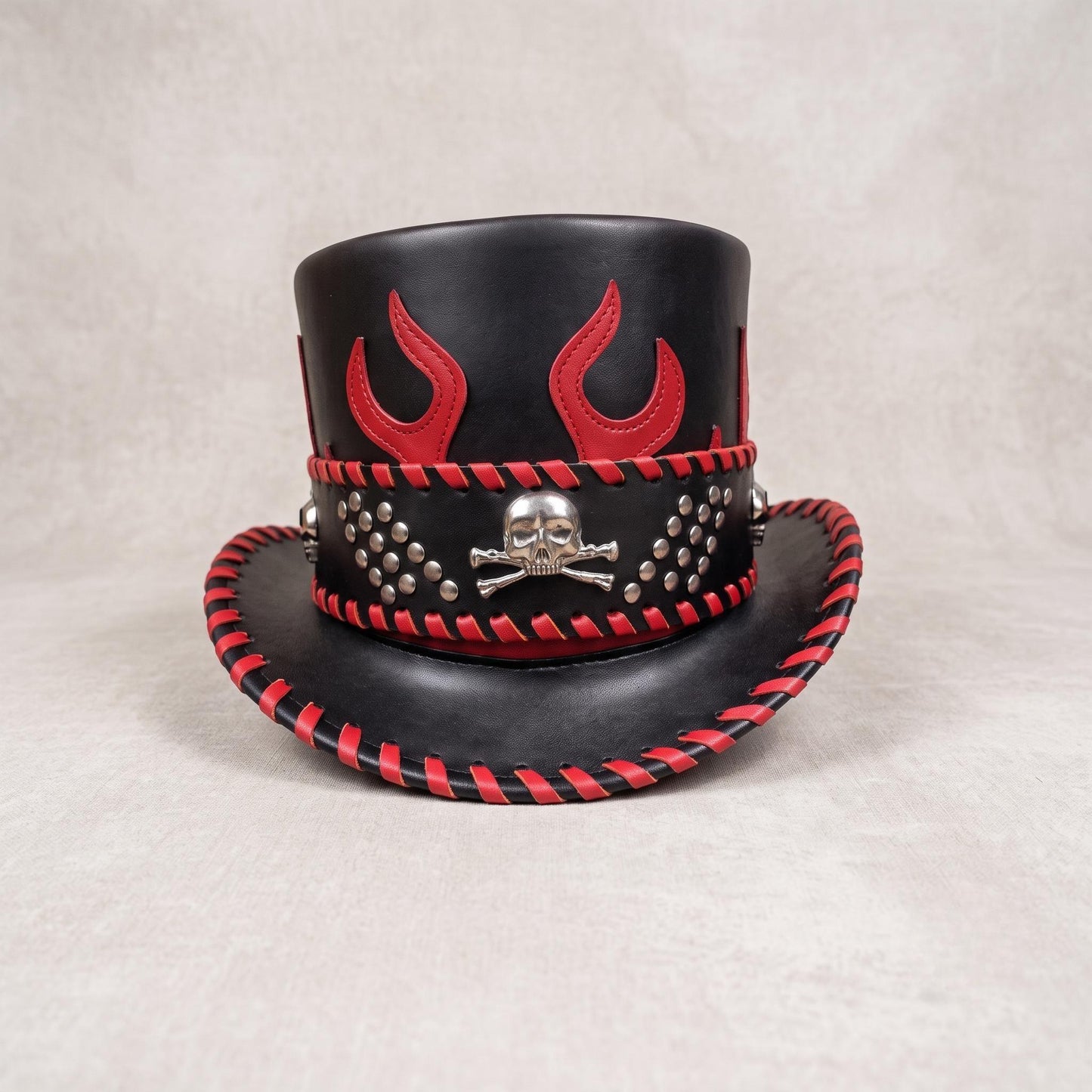 Rebel Edge Black Leather Top Hat – Red Flames & Skull Emblem