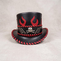 Rebel Edge Black Leather Top Hat – Red Flames & Skull Emblem