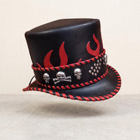 Rebel Edge Black Leather Top Hat – Red Flames & Skull Emblem