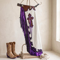 Hand-Tooled Leather Rodeo Chaps with Purple Fringe | Professional Bull Riding Chaps