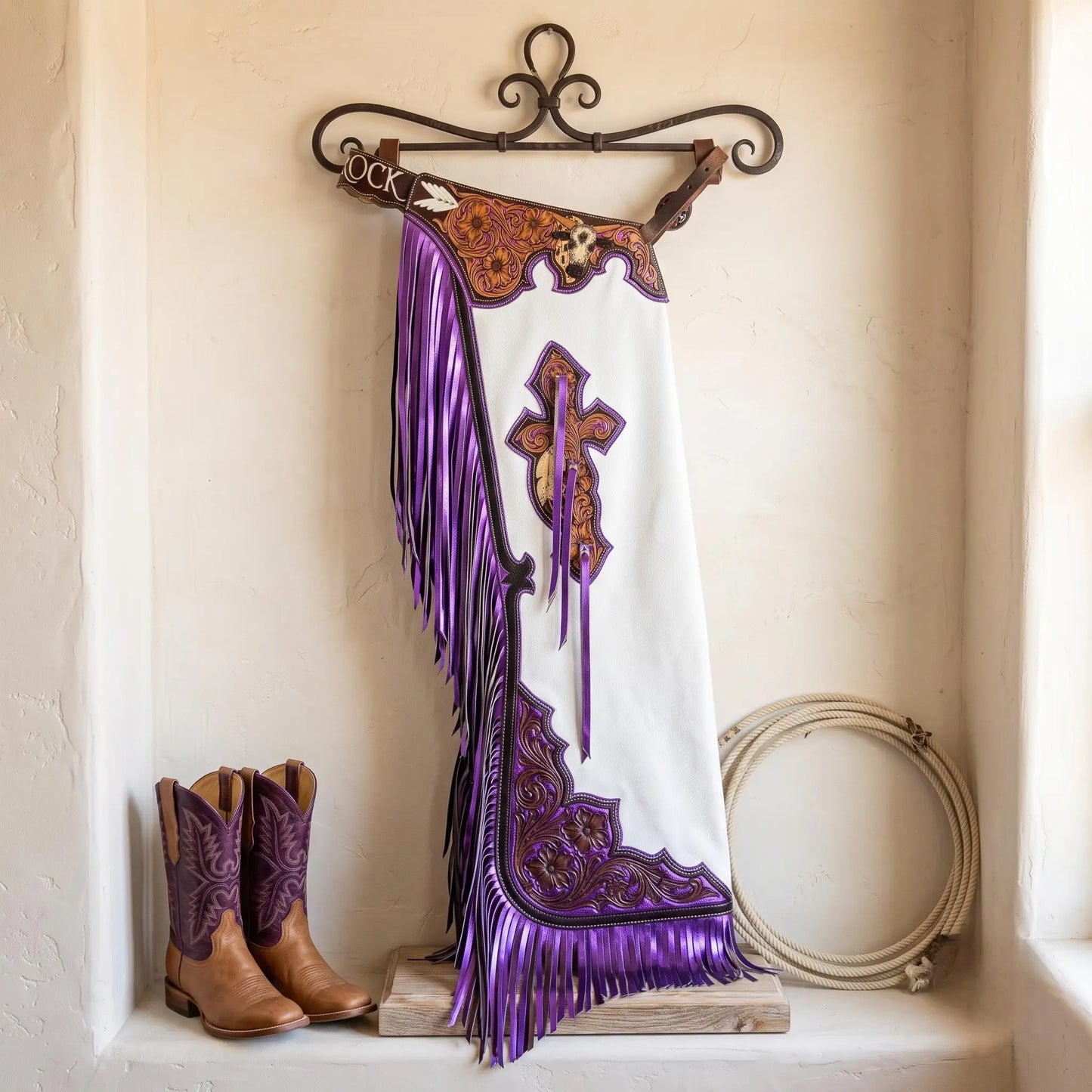 Hand-Tooled Leather Rodeo Chaps with Purple Fringe | Professional Bull Riding Chaps