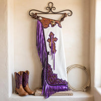 Hand-Tooled Leather Rodeo Chaps with Purple Fringe | Professional Bull Riding Chaps