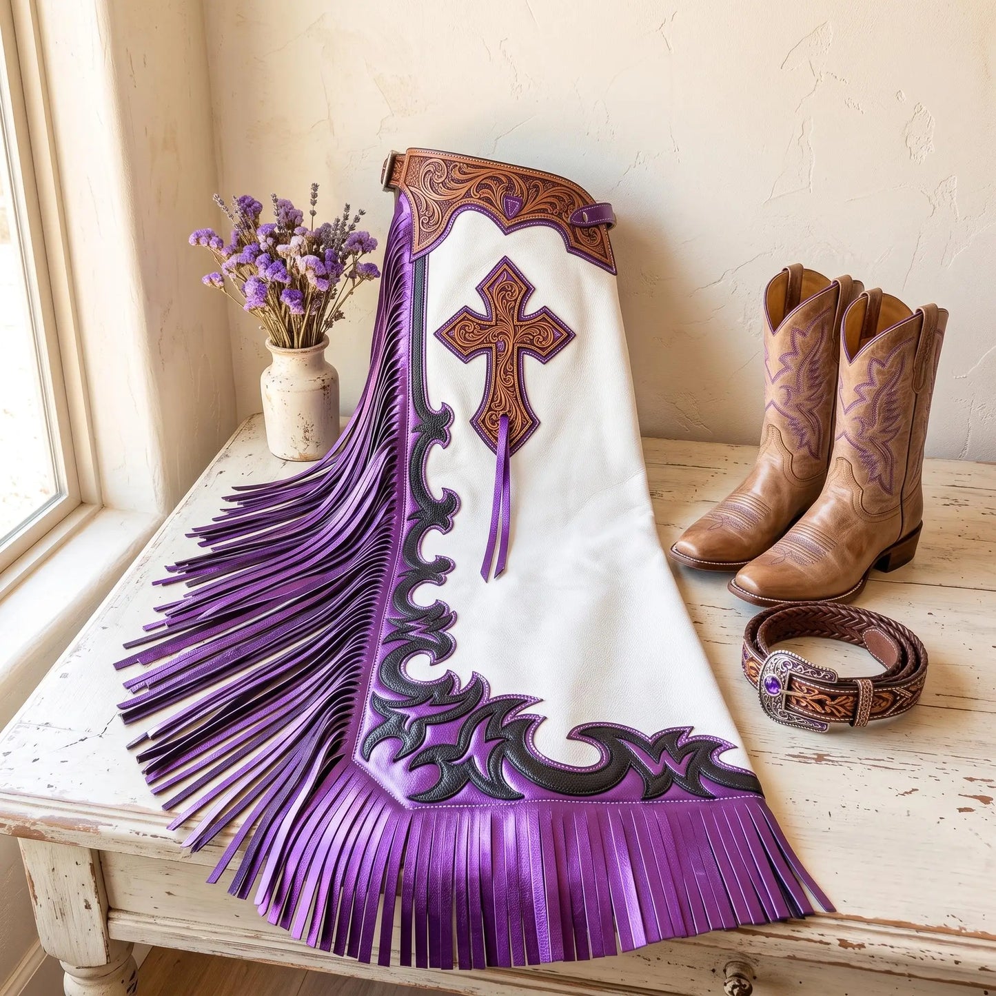 Hand-Tooled Leather Rodeo Chaps with Purple Fringe | Professional Bull Riding Chaps