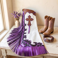 Hand-Tooled Leather Rodeo Chaps with Purple Fringe | Professional Bull Riding Chaps