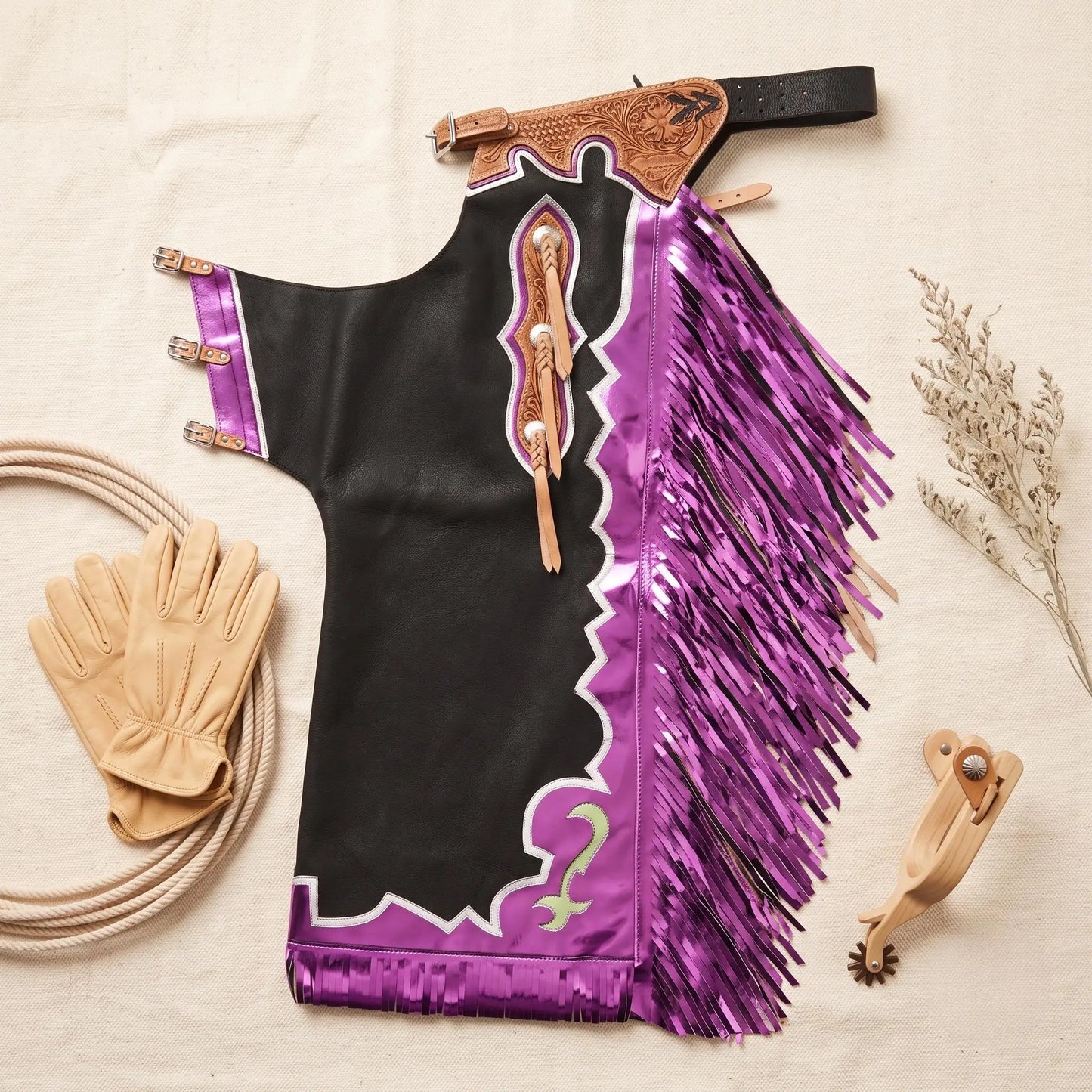 Handcrafted Leather Rodeo Chaps with Metallic Purple Fringe