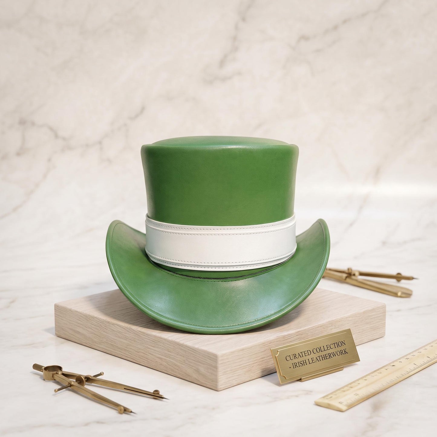 Elegant Green Leather Top Hat with White Band – Classic Vintage Silhouette