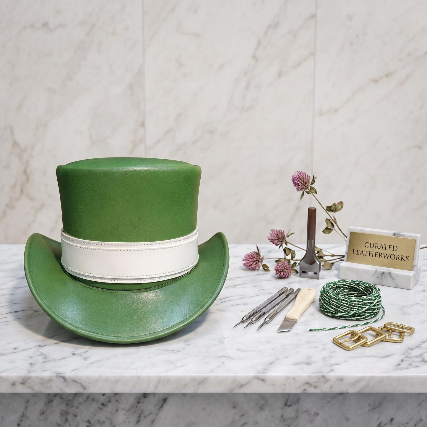 Elegant Green Leather Top Hat with White Band – Classic Vintage Silhouette