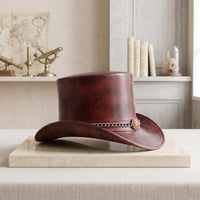 Handmade Distressed Red Leather Steampunk Top Hat – Victorian Chain Detail