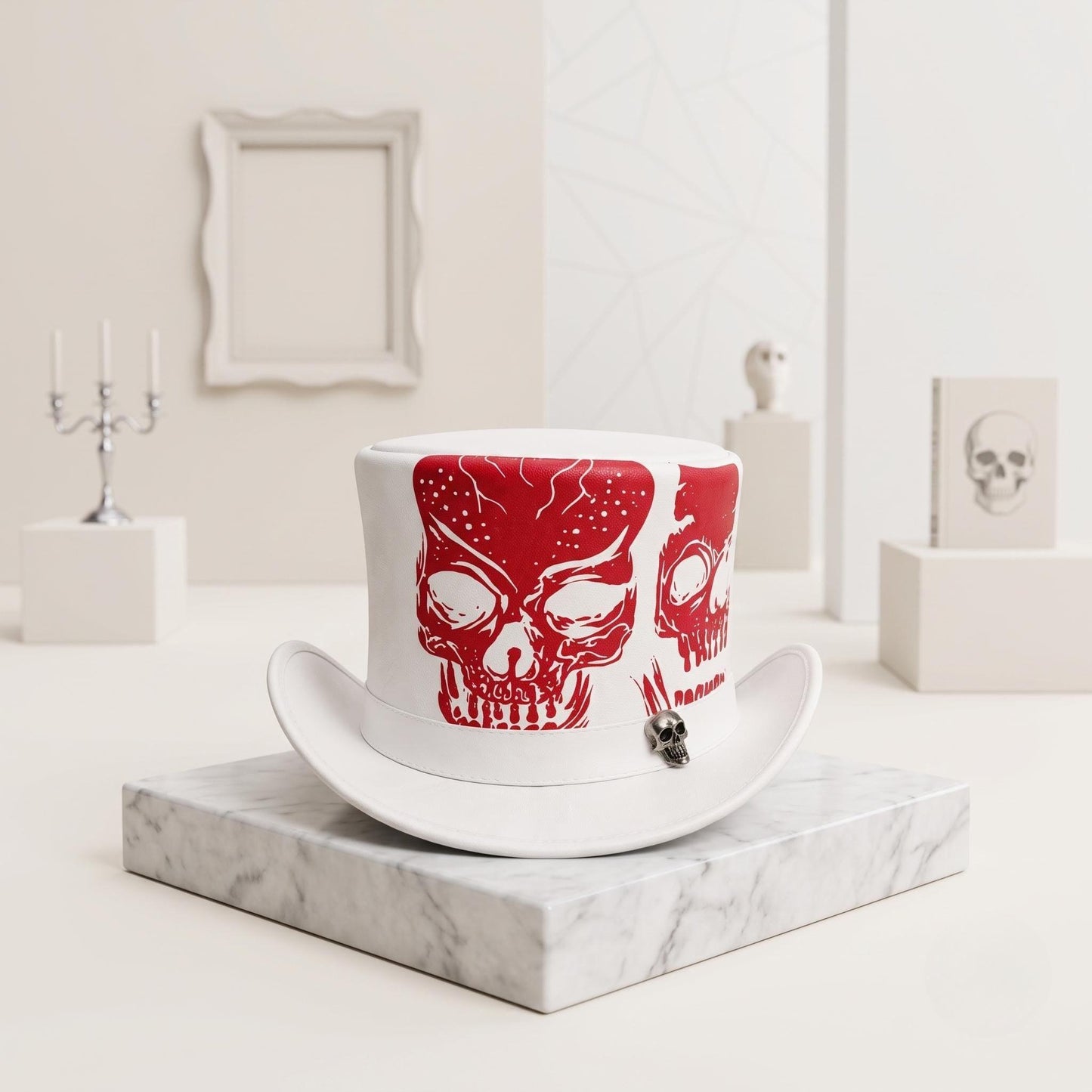 Gothic Red Skull Top Hat – White Leather Punk Rock Biker Statement Accessory